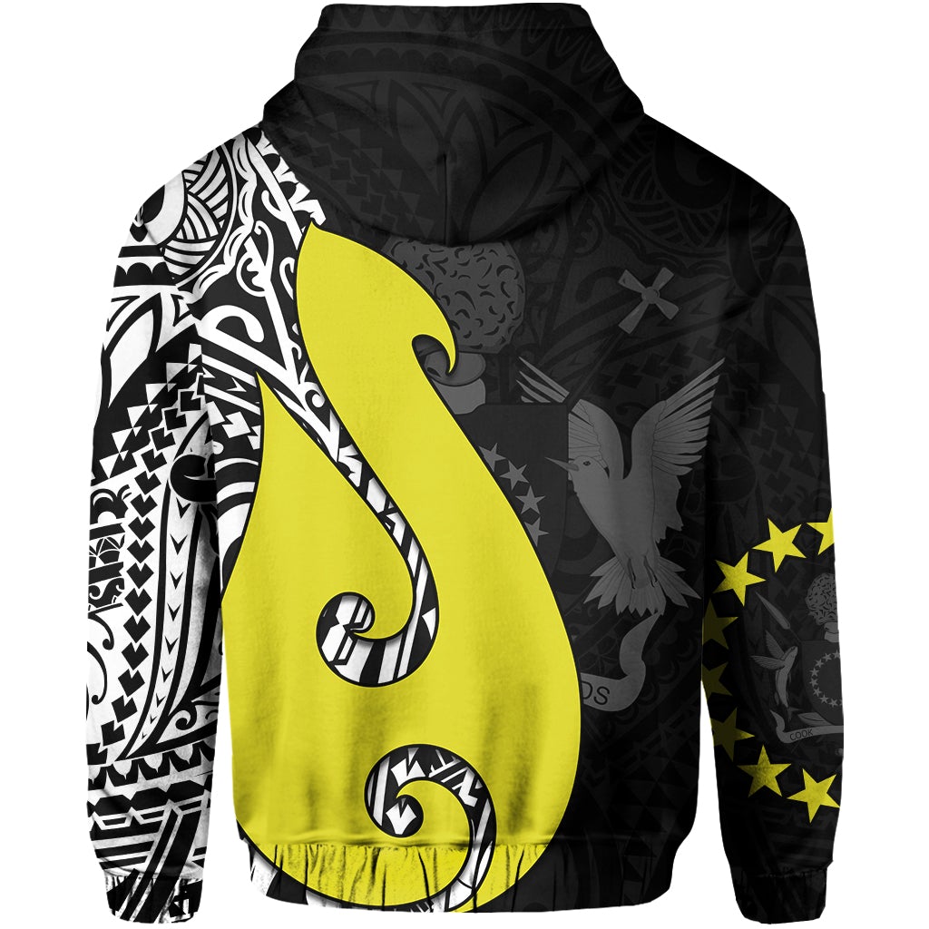 Black pullover hoodie back with yellow fish-hook graphic and tribal sleeve pattern