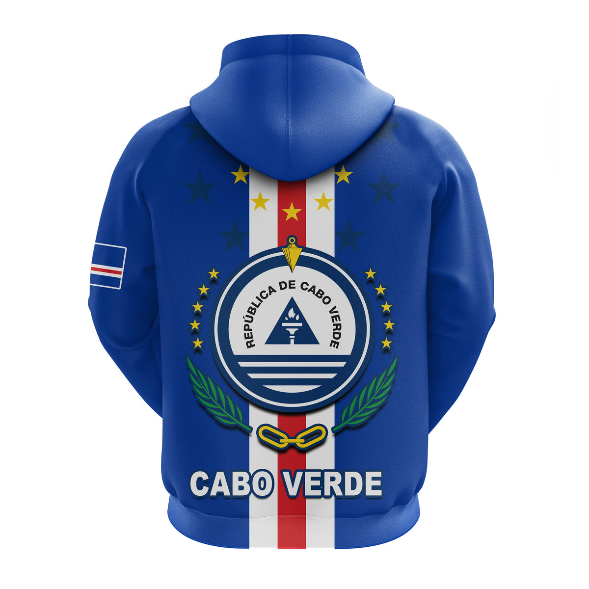 Felpa blu con cappuccio, logo circolare Cabo Verde e scritta CABO VERDE sul retro