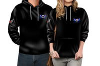 Black hoodie with blue butterfly skull chest graphic, drawstring hood, front kangaroo pocket