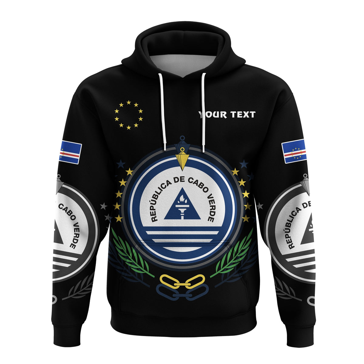 Black hoodie with large Cape Verde emblem, gold laurel details, and “Your Text” print