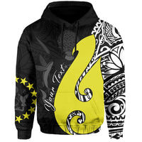 Black pullover hoodie with large yellow Polynesian fish-hook print and hood