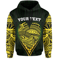 Custom hoodie, black with green and yellow Polynesian heart; “YOUR TEXT” front