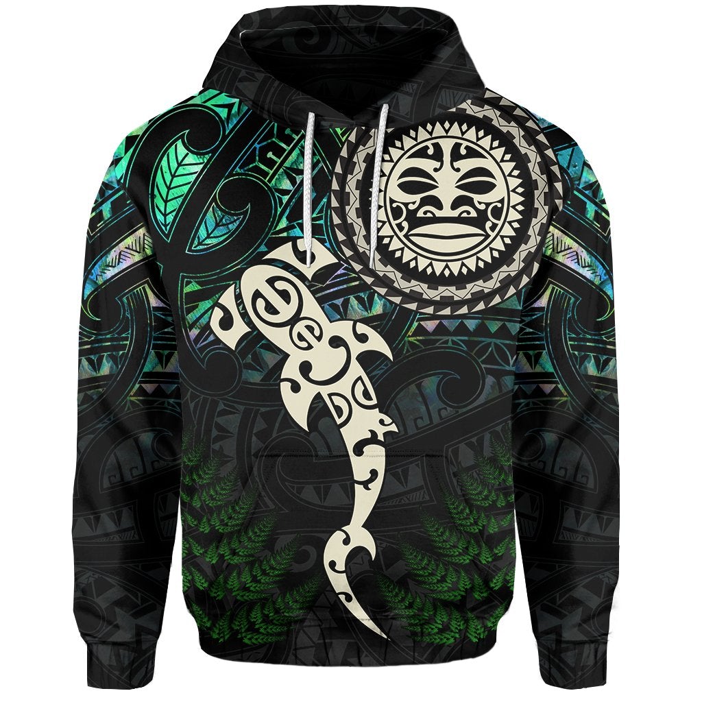 Black zip hoodie with green/blue Maori manaia and fish graphic, front view