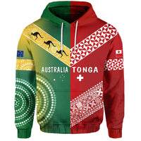Red zip hoodie with white drawstrings; 'AUSTRALIA TONGA' print and flags
