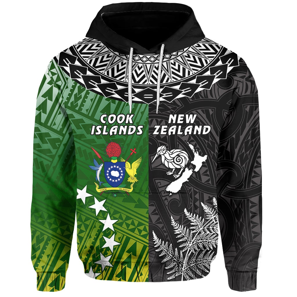 Black hoodie with large 'COOK ISLANDS' and 'NEW ZEALAND' text, front graphic panel.