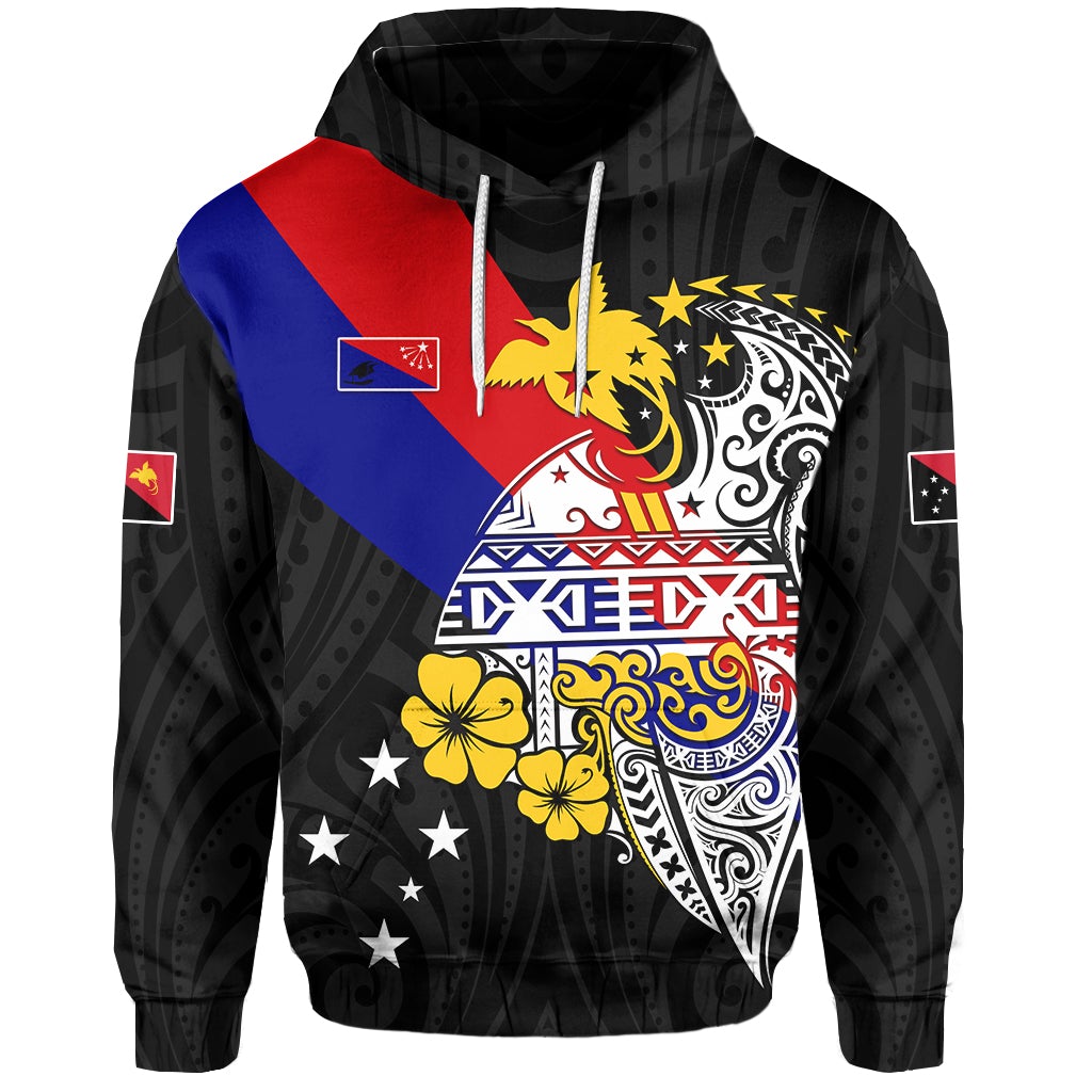 Black hoodie with red-blue-yellow emblem graphic and white drawstring hood