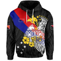 Black hoodie with red-blue-yellow emblem graphic and white drawstring hood