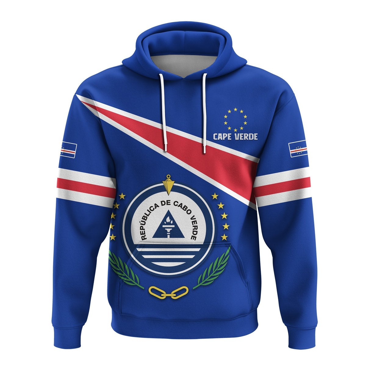 Blauer Hoodie (Cape Verde) mit Kapuze, Kordeln, Frontprint des Landeswappens