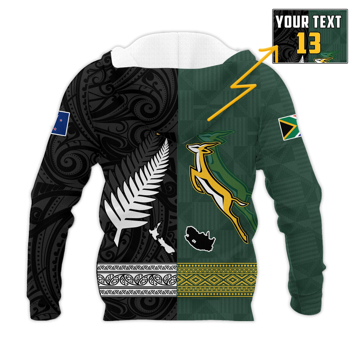 Custom Text and Number South Africa Protea and New Zealand Fern Hoodie Rugby Go Springboks vs All Black LT13 - Wonder Print Shop