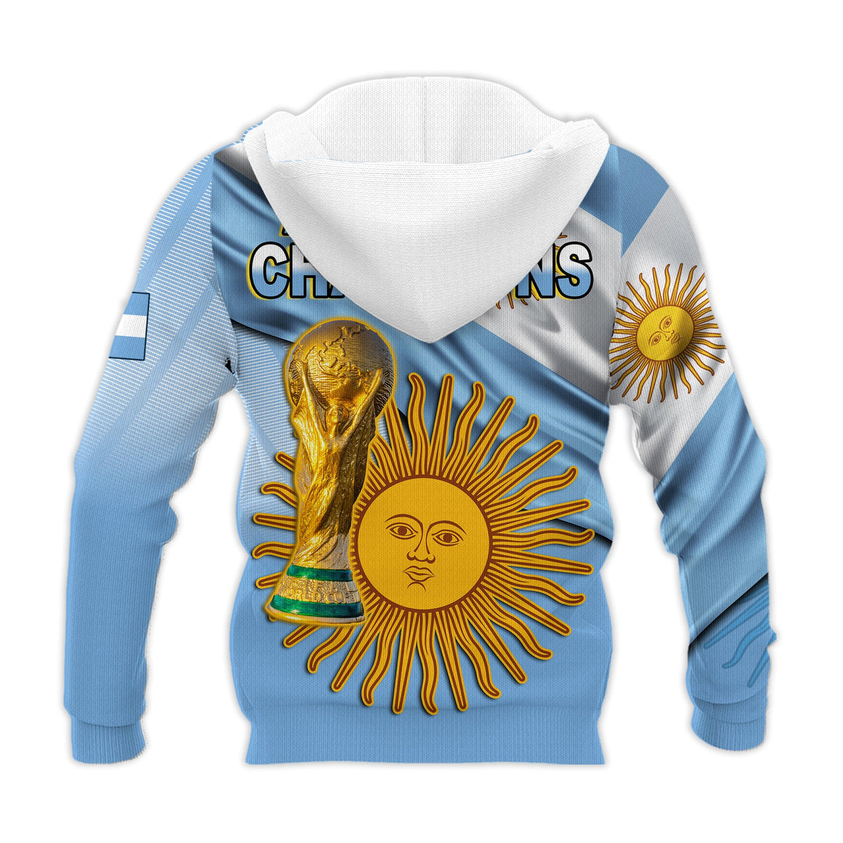 Argentina football hoodie back, blue body with sun-face and trophy graphic