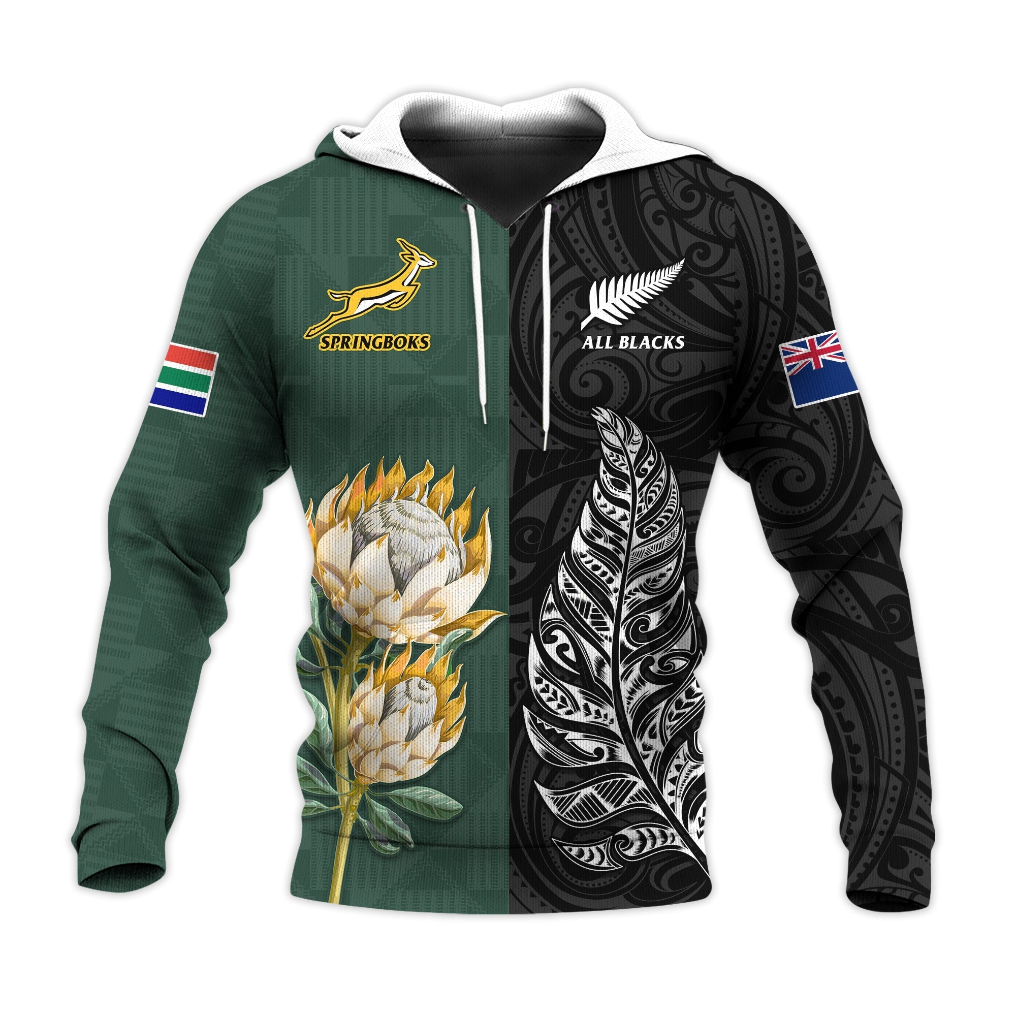 South Africa Protea and New Zealand Fern Hoodie Rugby Go Springboks vs All Black LT13 - Wonder Print Shop