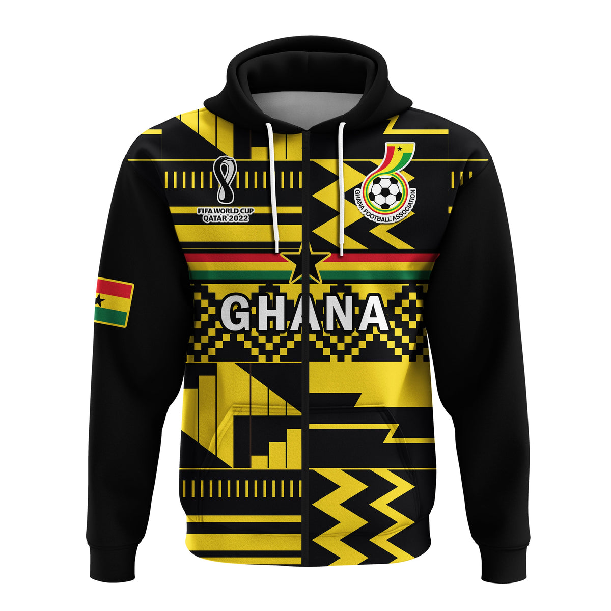 Ghana Football Hoodie Black Stars Kente Football 2022 Yellow - Wonder Print Shop