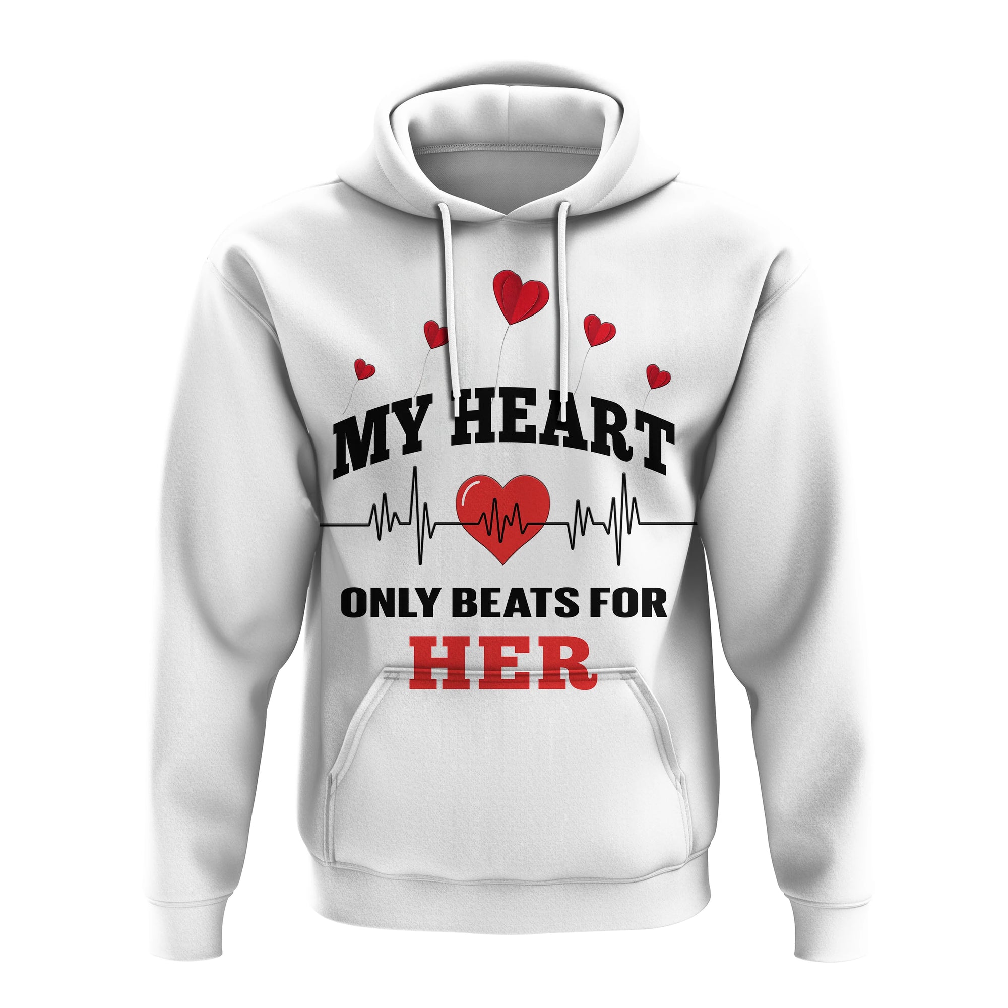 Custom American Valentines Day Hoodie White My Heart Only Beats For Her - Wonder Print Shop