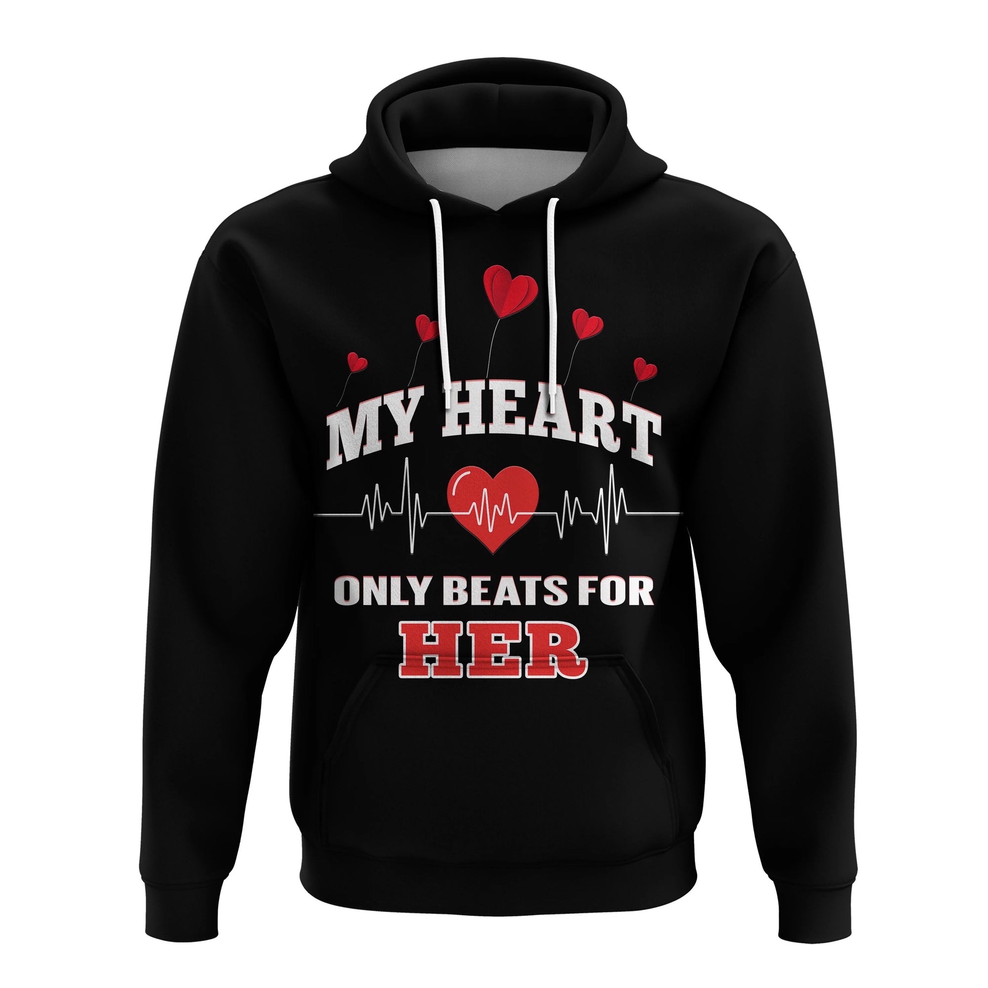 Custom American Valentines Day Hoodie Black My Heart Only Beats For Her - Wonder Print Shop