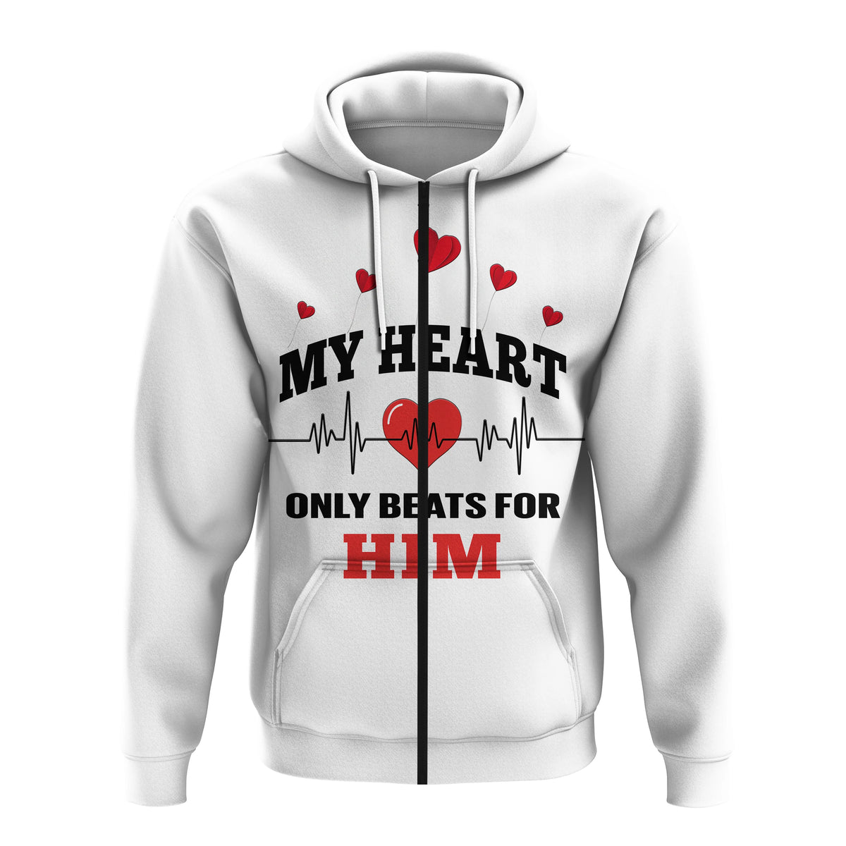 Custom American Valentines Day Hoodie White My Heart Only Beats For Him - Wonder Print Shop