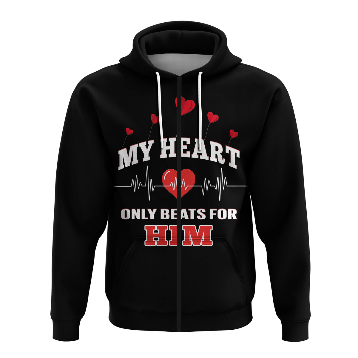 Custom American Valentines Day Hoodie Black My Heart Only Beats For Him - Wonder Print Shop