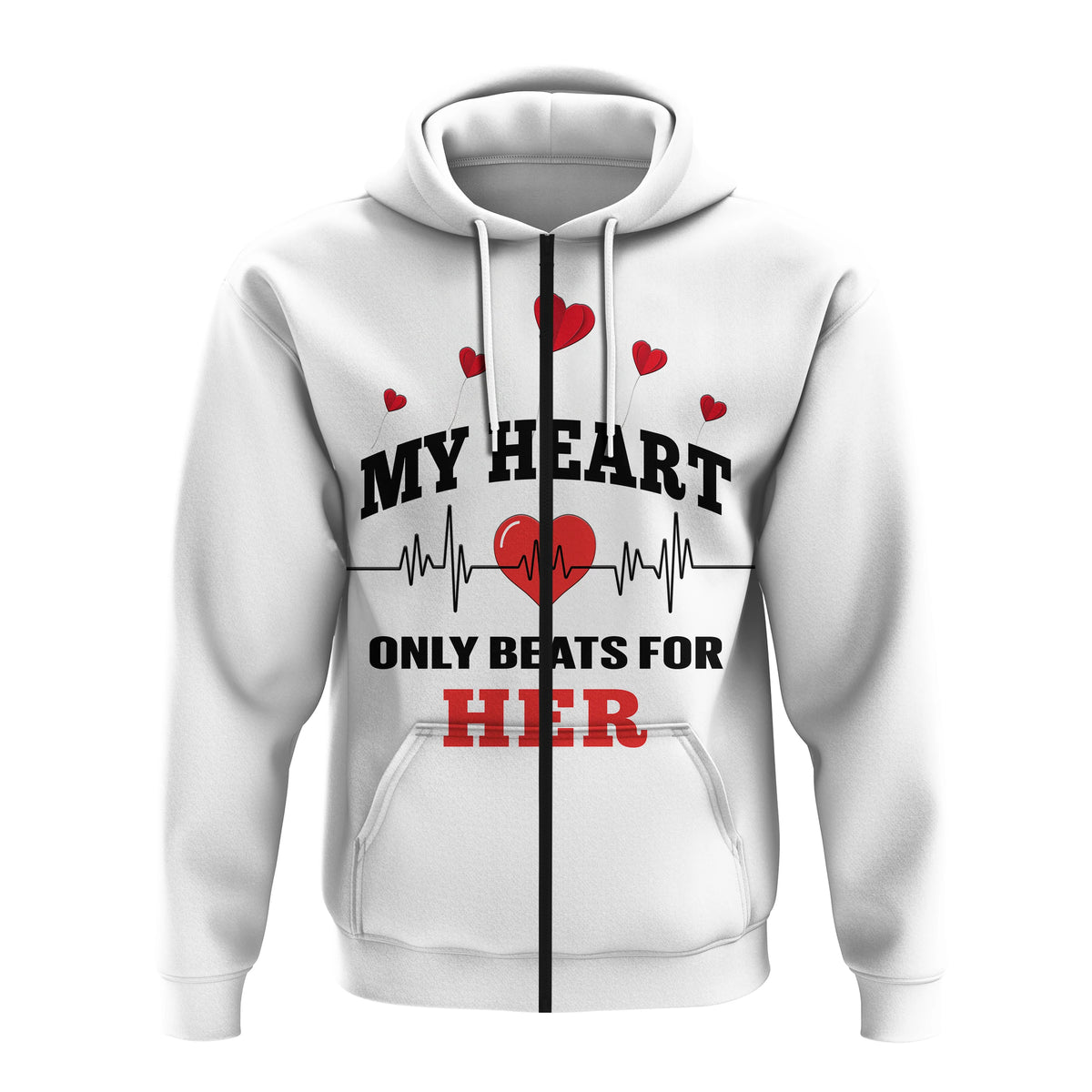 Custom American Valentines Day Hoodie White My Heart Only Beats For Her - Wonder Print Shop