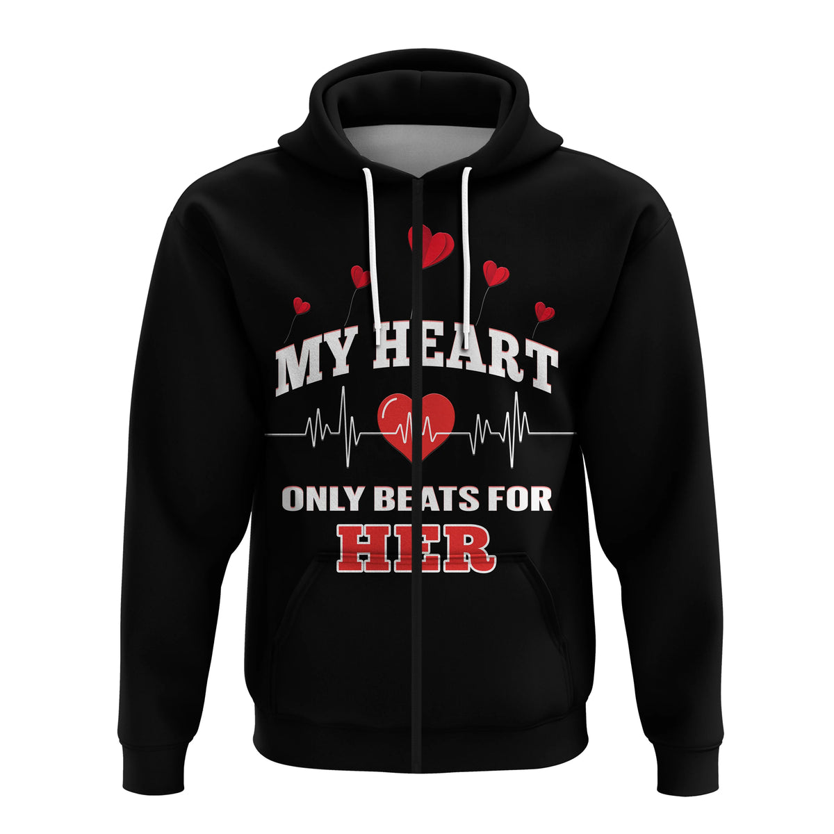 Custom American Valentines Day Hoodie Black My Heart Only Beats For Her - Wonder Print Shop