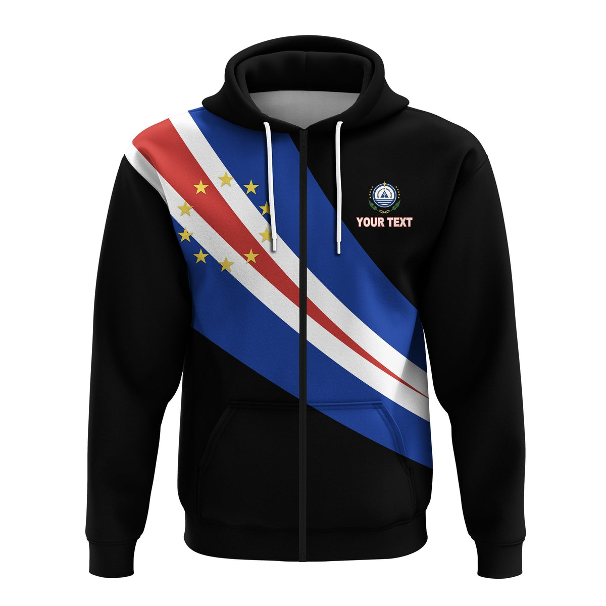 Black zip hoodie front view, multicolor flag graphic across chest and hood drawstrings