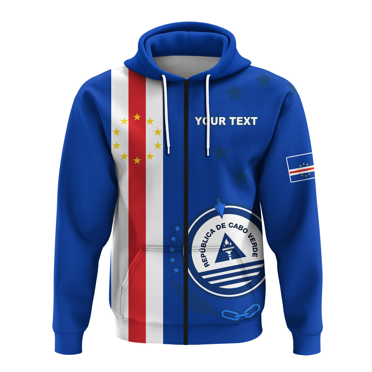 Felpa blu con cappuccio, scudo “Republica de Cabo Verde” e scritta “YOUR TEXT”
