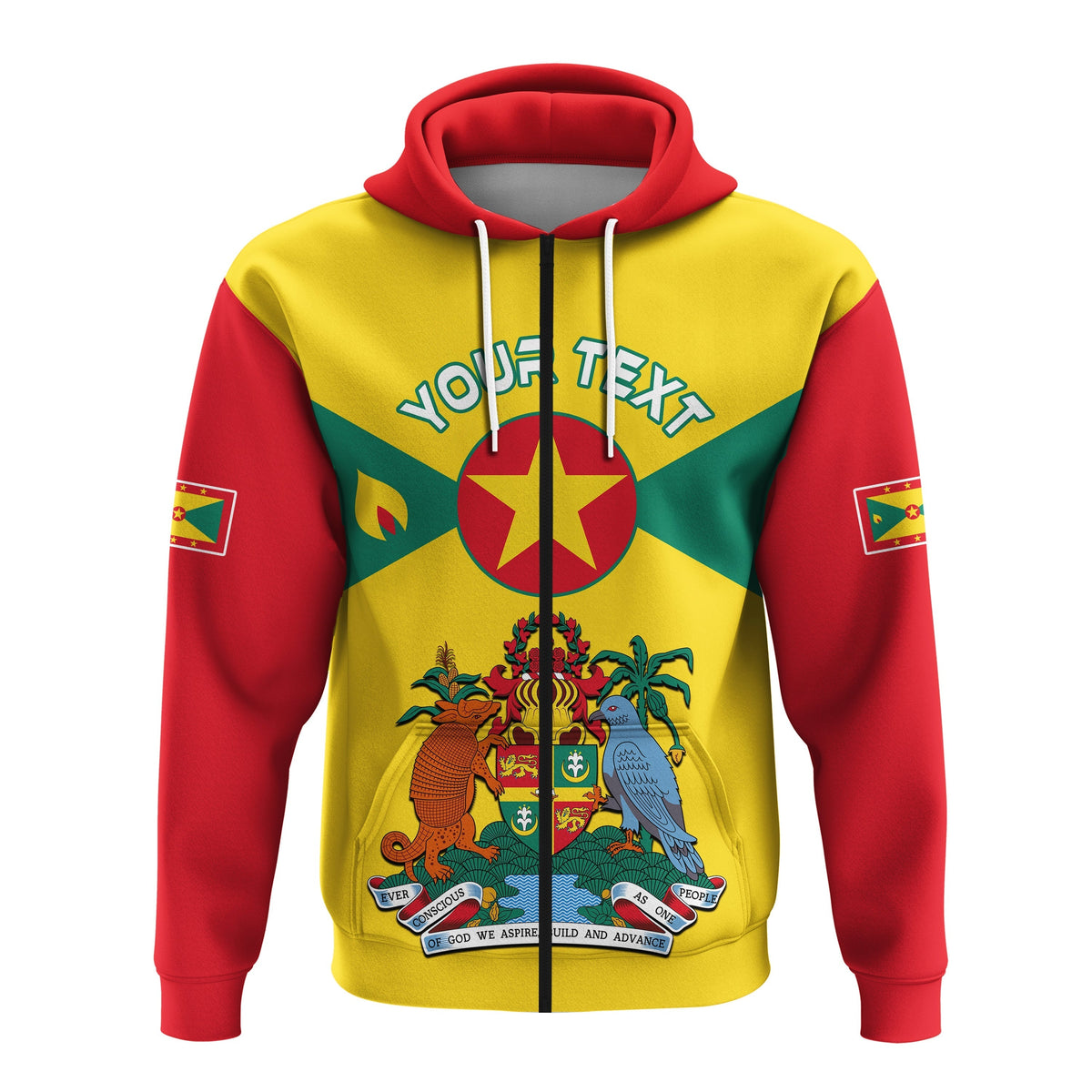 Pullover hoodie with red hood and yellow body, green panel, YOUR TIXYA print