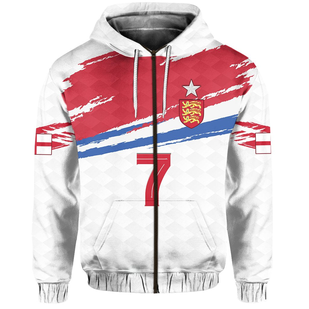 England-Zip-Hoodie, Frontprint mit Wappen, Stern und 'YOUR TEXT' über roten/blauen Streifen