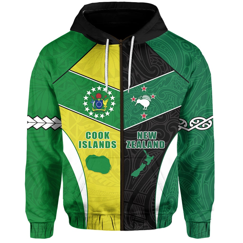Green zip hoodie front view with drawstring hood and Cook Islands/New Zealand crest print