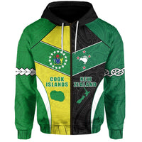 Green zip hoodie front view with drawstring hood and Cook Islands/New Zealand crest print