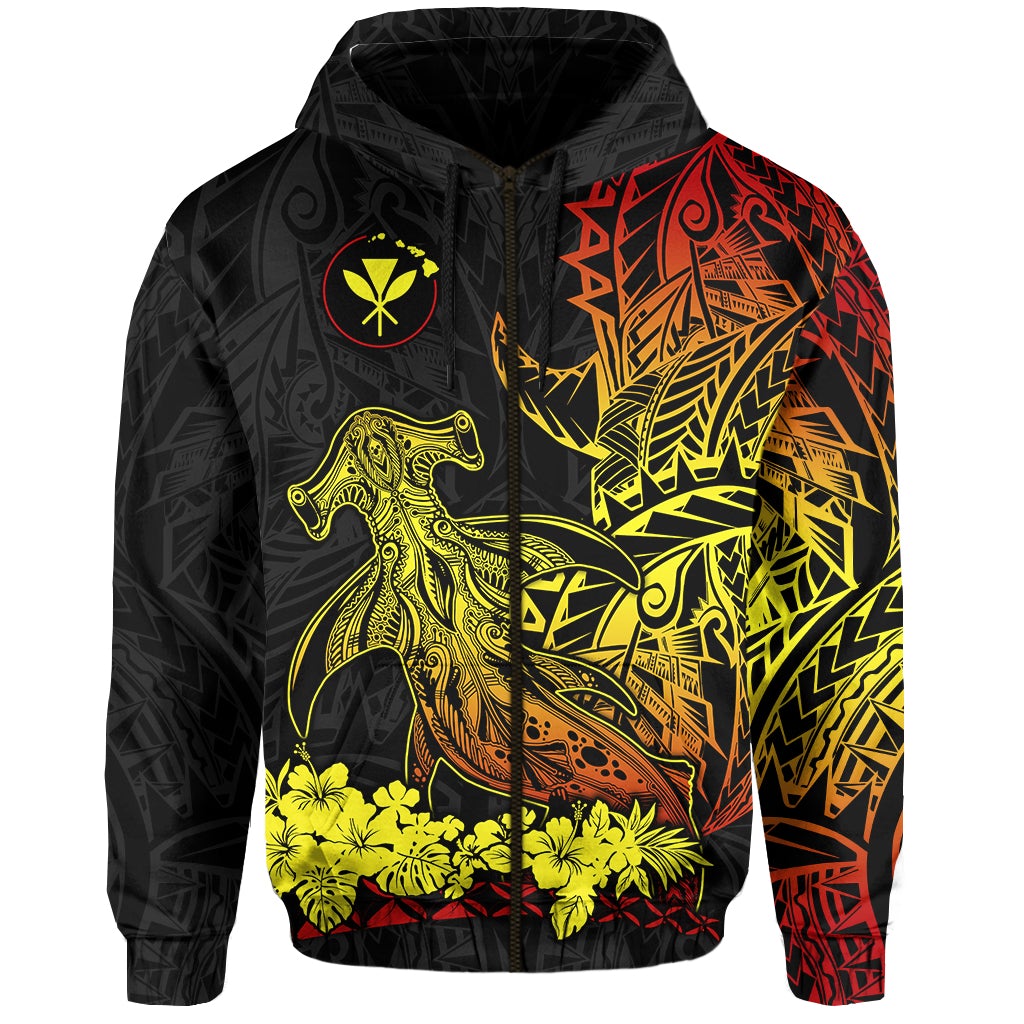 Custom Hawaii Polynesian Zip Hoodie Wild Hammerhead Sharks Fresh Life LT13 - Wonder Print Shop