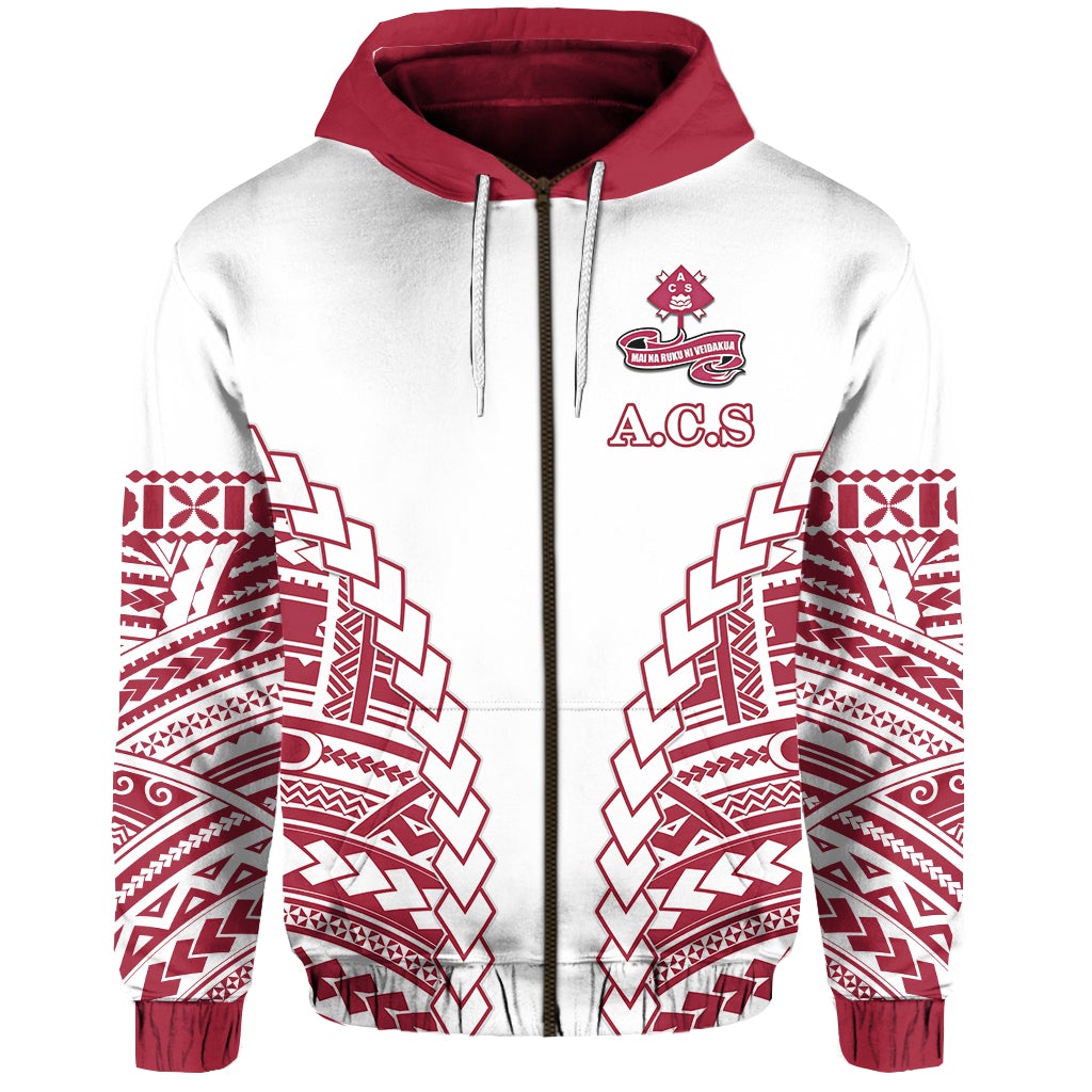 Zip hoodie with maroon hood, white front, A.C.S crest and geometric red pattern