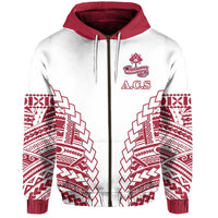 Zip hoodie with maroon hood, white front, A.C.S crest and geometric red pattern