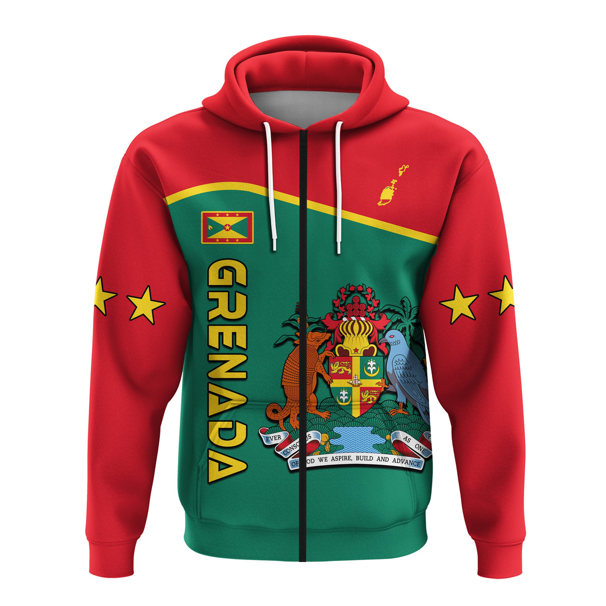 Grenada pullover hoodie red/green flag stripe print, drawstring hood and coat of arms