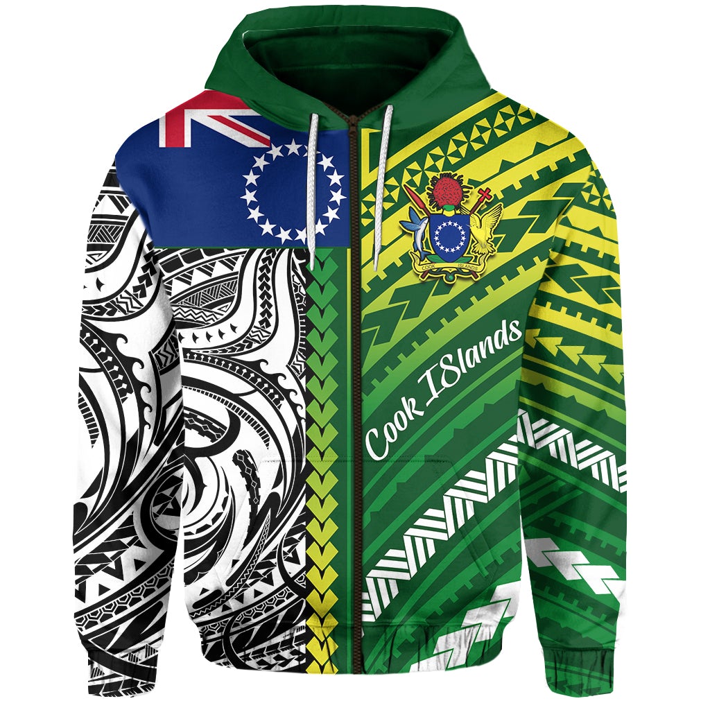 Green zip hoodie with Polynesia print, 'Cook Islands' text and crest, full front view