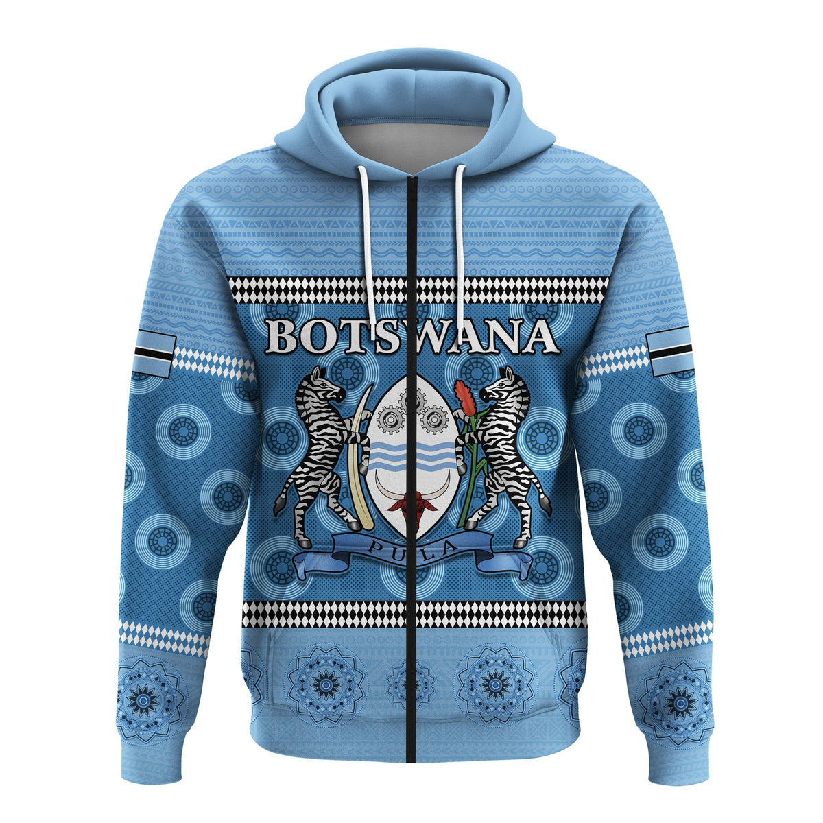 Blue zip hoodie with Botswana text, central emblem, and drawstring hood