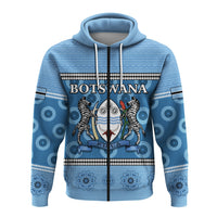 Blue zip hoodie with Botswana text, central emblem, and drawstring hood