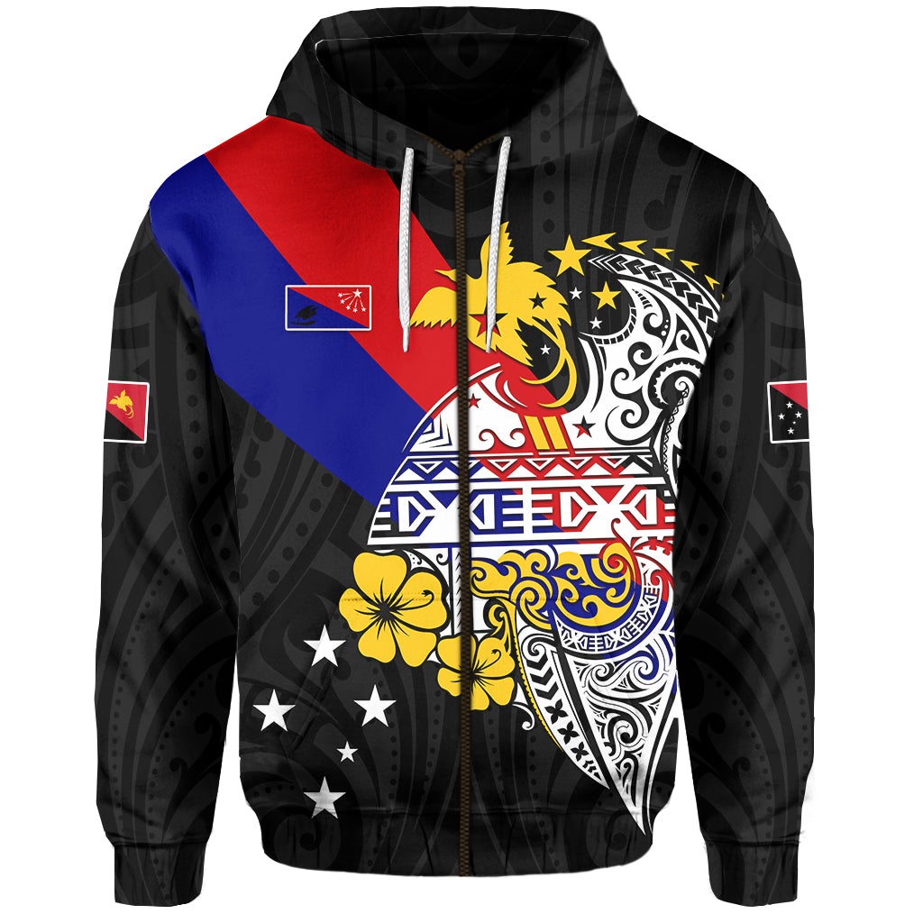 Black zip hoodie with centered front graphic, hood drawstrings, and colorful flag art