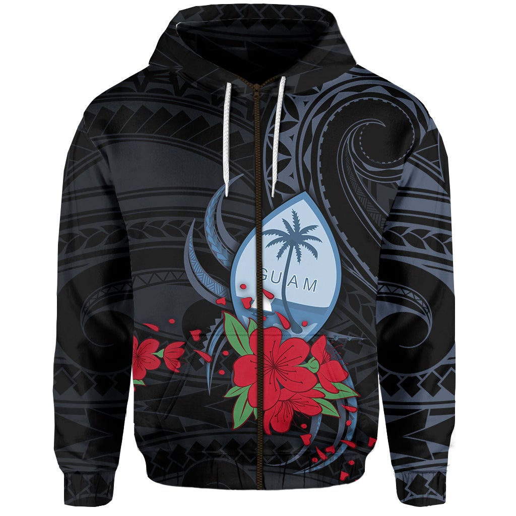 Guam Zip Hoodie Polynesian Flowers Version Black LT13 - Wonder Print Shop