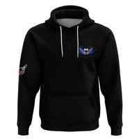 Black hoodie with small blue butterfly skull logo on chest, drawstring hood, kangaroo pocket