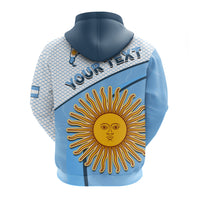 Back of blue Argentina football hoodie with large golden sun graphic and dark hood