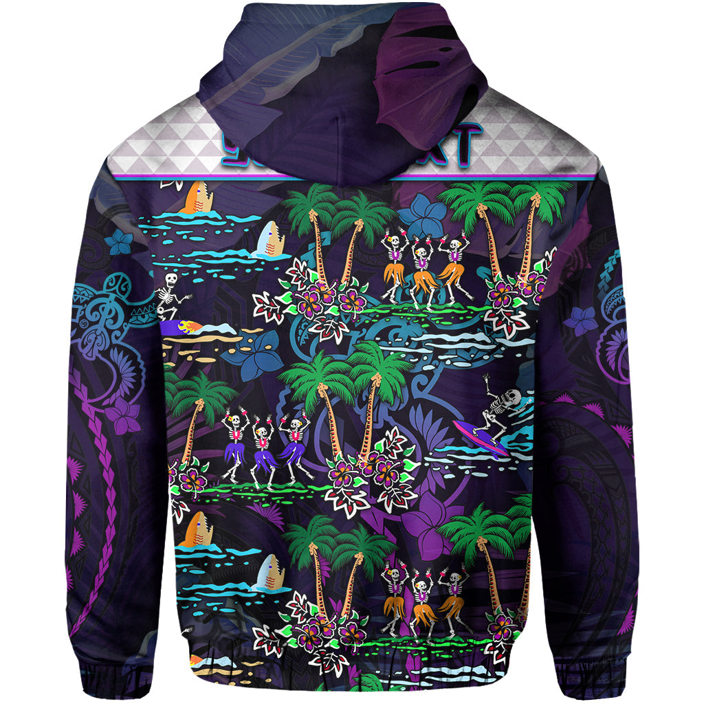 Purple hooded hoodie back with tropical print of skeletons, palms, waves, and flowers