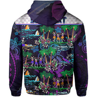 Purple hooded hoodie back with tropical print of skeletons, palms, waves, and flowers