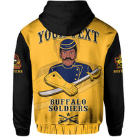 Gold pullover hoodie back graphic featuring soldier portrait, “YOU … EXT” text, and logo