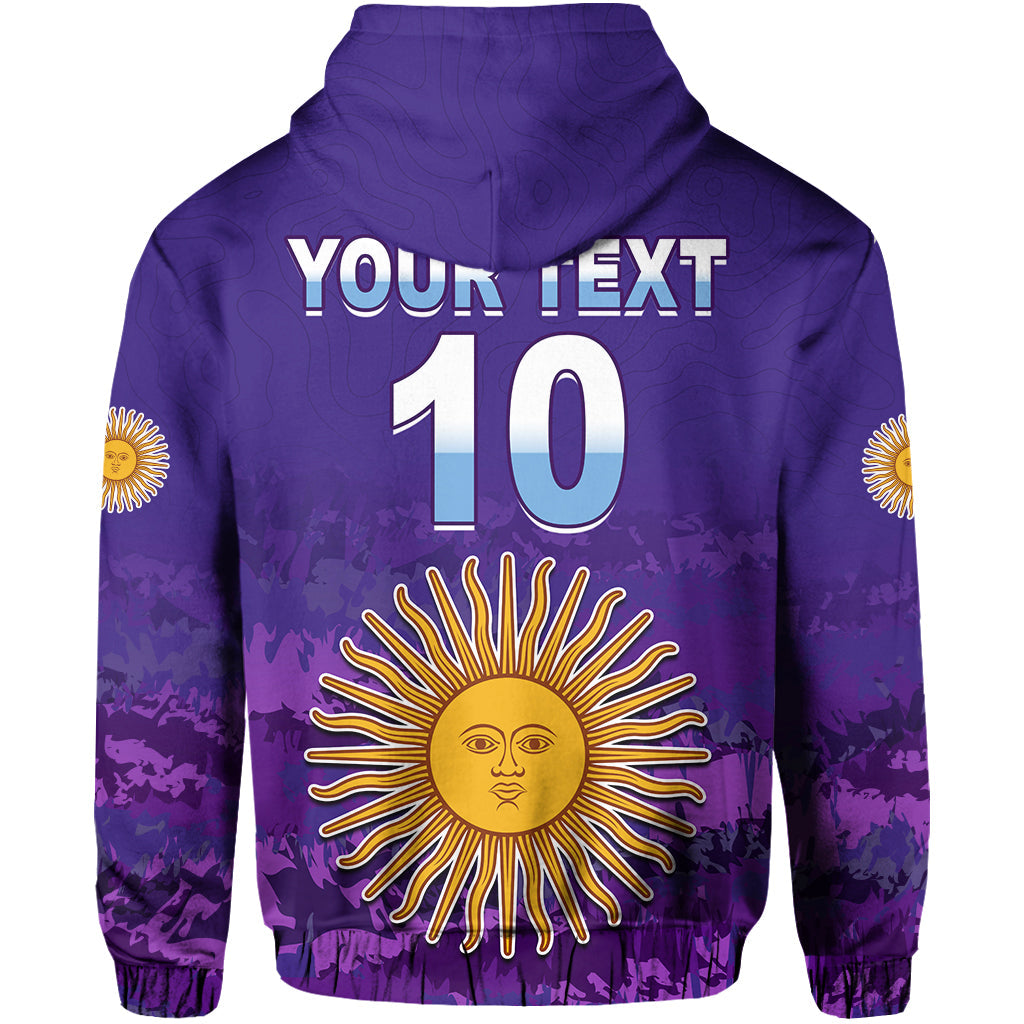 Purple hoodie back with YOUR TEXT, large 10, sun emblem graphic, and hood