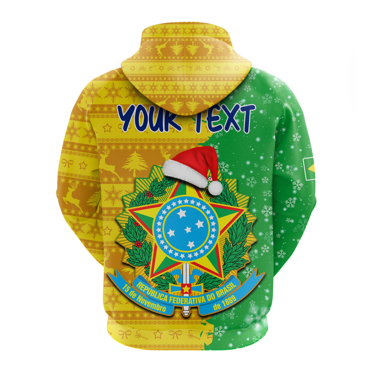 Christmas football hoodie back with Brazil crest, red Santa hat, and “Your Text” design