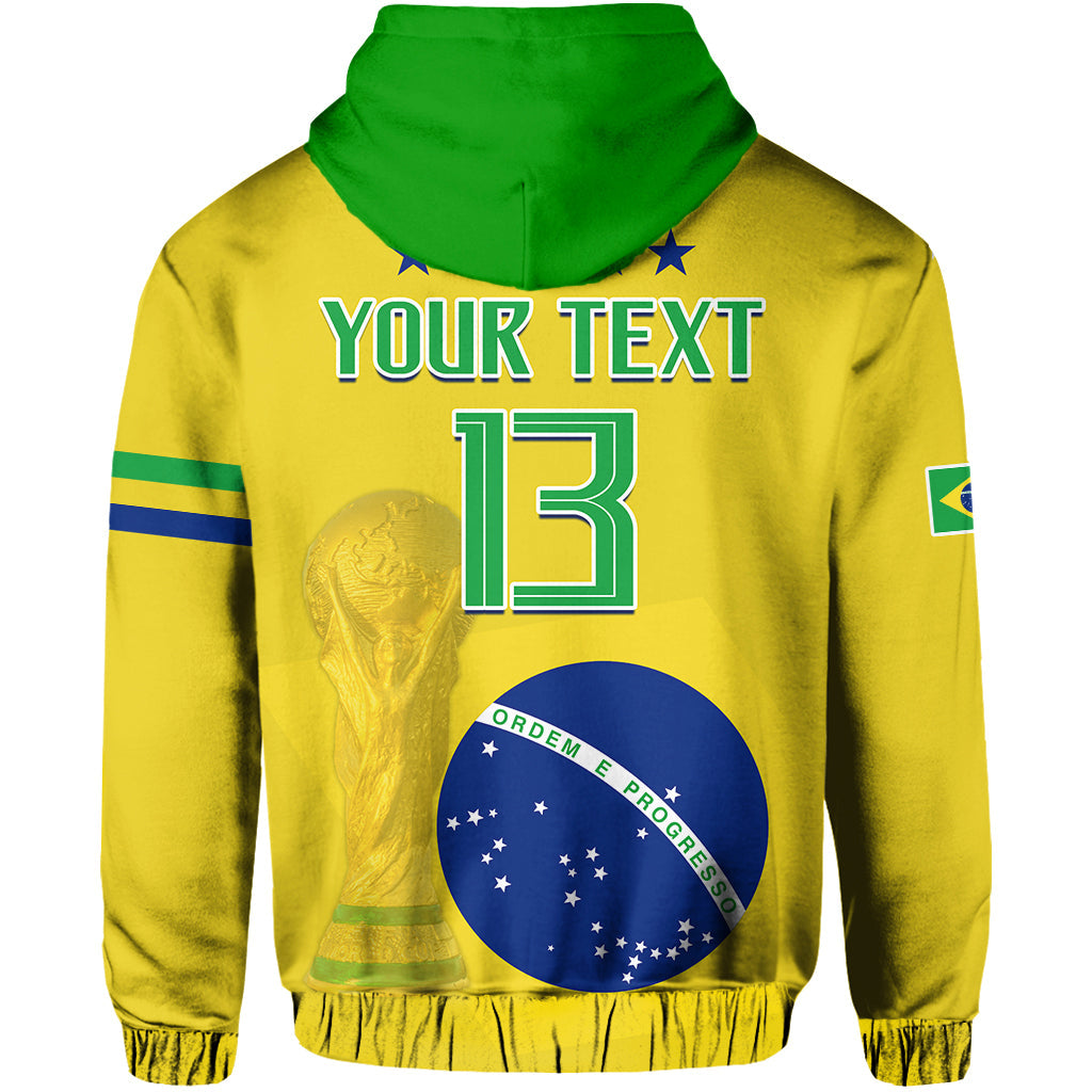 Yellow Brazil football hoodie back with green hood, Your Text 13, and Ordem e Progresso circle.