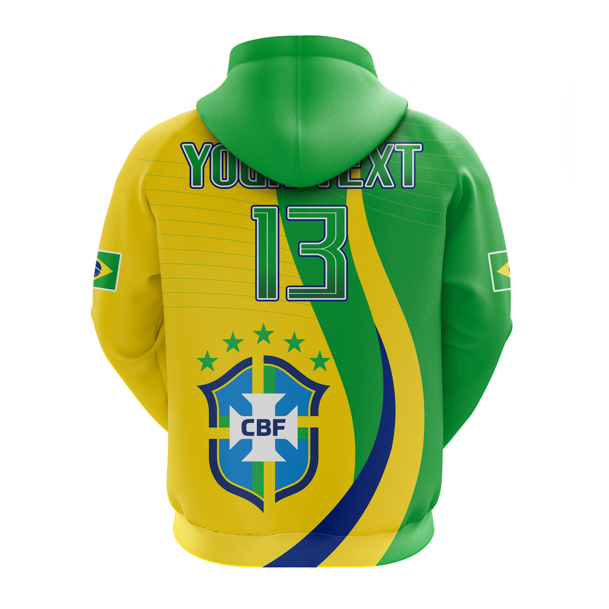 Brazil flag pullover hoodie back print in green/yellow with CBF emblem and number 13