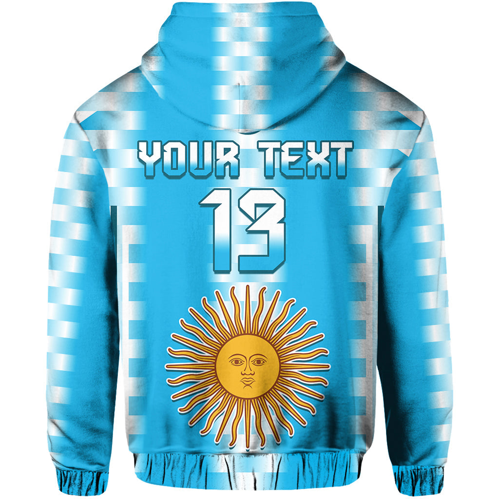 Light blue striped pullover hoodie with 'YOUR TEXT' and sun emblem plus number 13