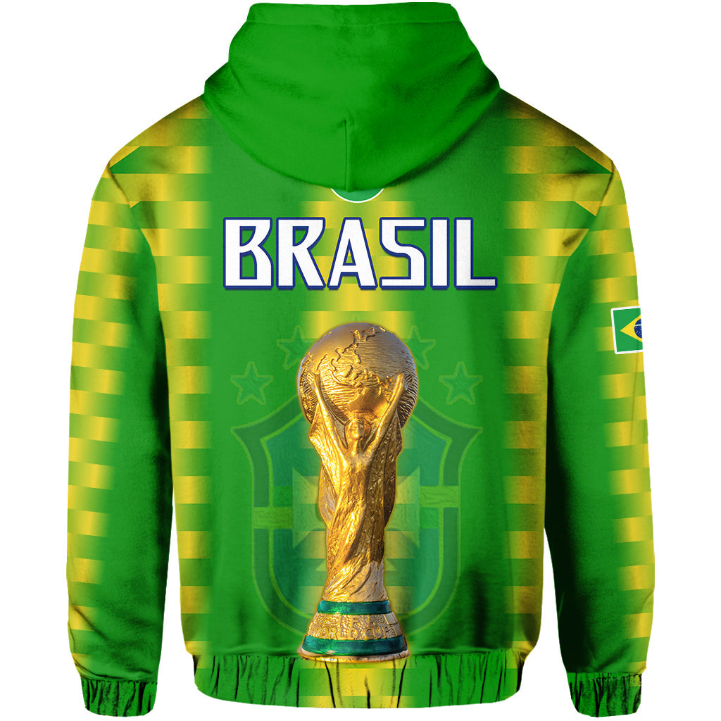 Green pullover hoodie back with yellow stripe panels and gold trophy emblem on the chest