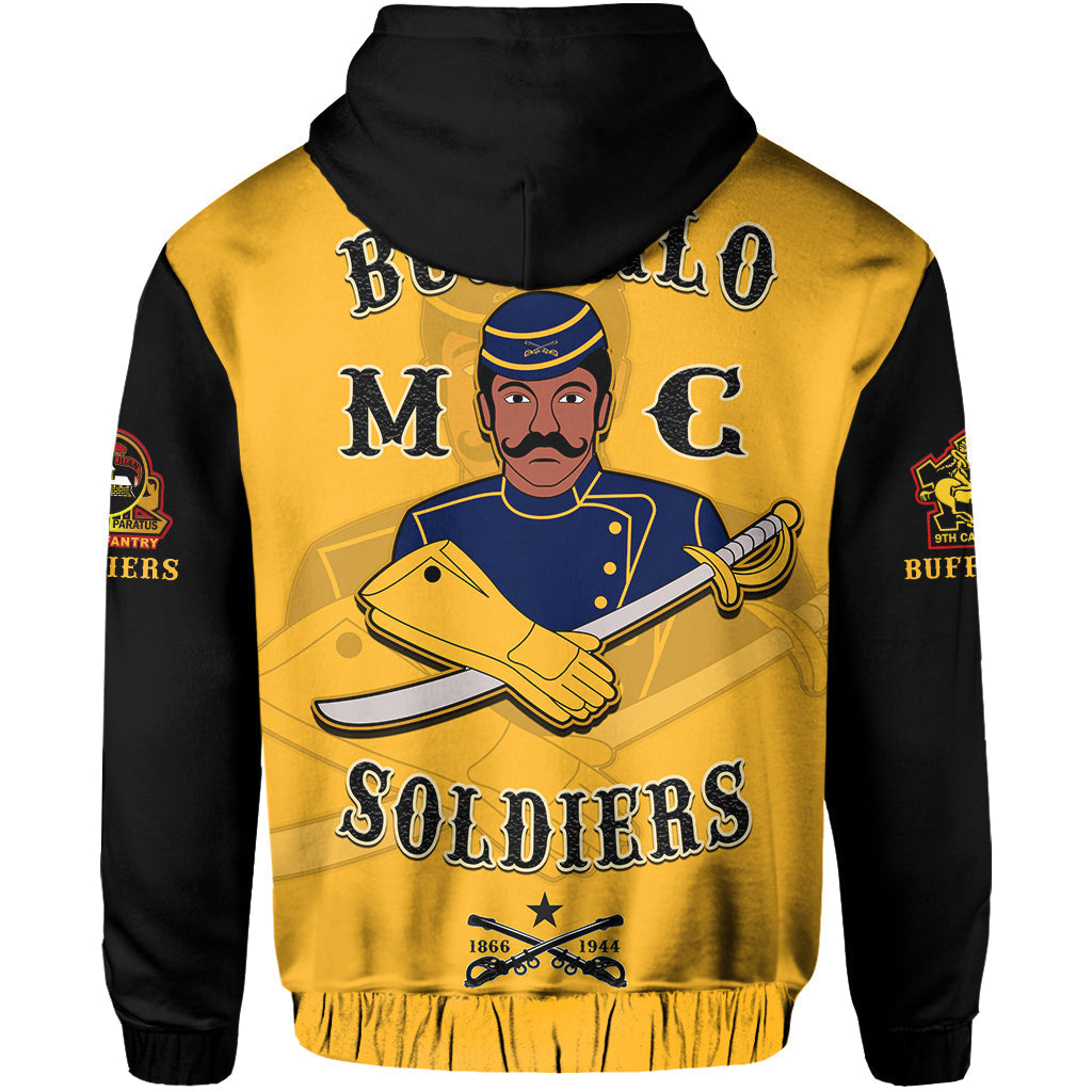 Gold pullover hoodie front art: soldier with sword and Buffalo Soldiers text, hooded