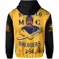 Gold pullover hoodie front art: soldier with sword and Buffalo Soldiers text, hooded